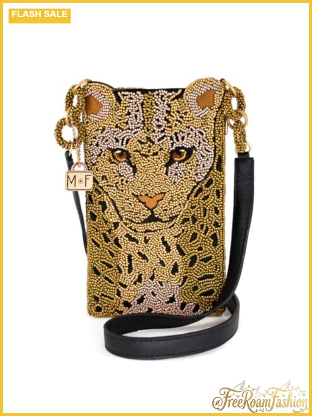 Beaded Leopard Crossbody Cell Phone Bag Clutch with Zipper Pocket & Leather